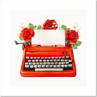 RED VINTAGE TYPEWRITER WITH NOTE AND ROSE FLOWERS Posters and Art